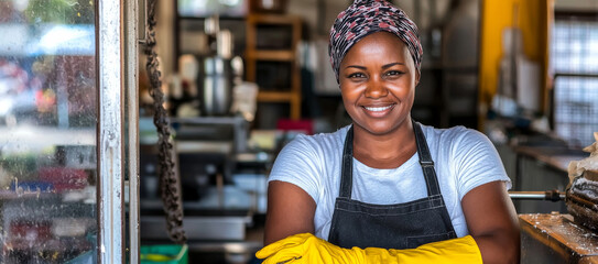 Smiling Business Owner: A warm and inviting portrait of a confident Black woman entrepreneur, with a radiant smile and a welcoming presence. The image captures the spirit of small business ownership.