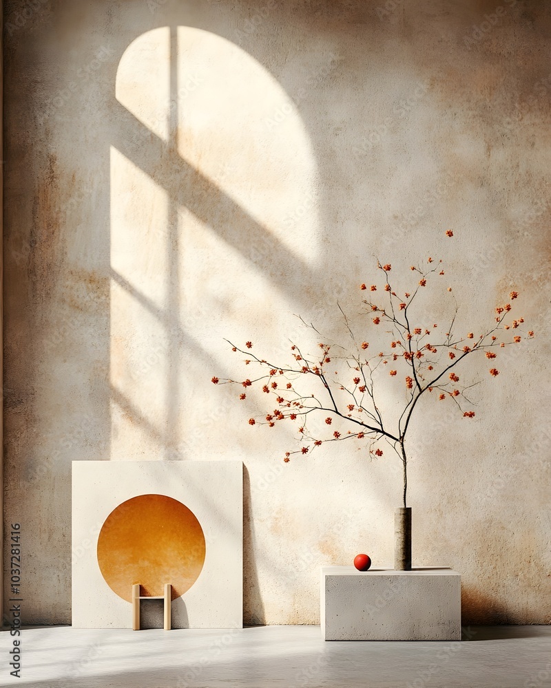 Poster minimalist 3d product display room with bare concrete walls and floor central display stand and subt