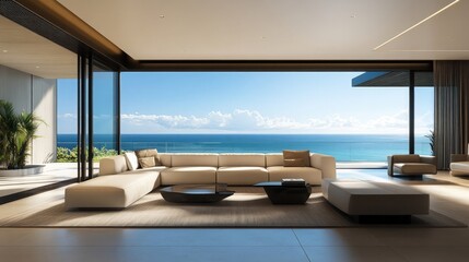 A sleek, modern living room with minimalist furniture, offering breathtaking views of the oceanfront, blending luxury and relaxation