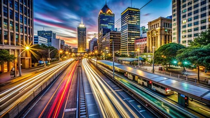 Obraz premium Long Exposure of Various Transport Modes Illustrating Movement and Speed in Urban Settings for Enhanced Visual Appeal