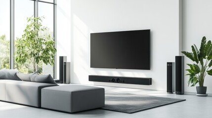 A minimalist living room with a smart TV embedded in the wall and a voice-controlled sound system, Modern home entertainment theme, Clean style