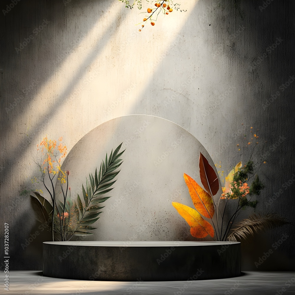 Poster modern 3d studio product showcase in a minimalist industrial setting with empty space directional li