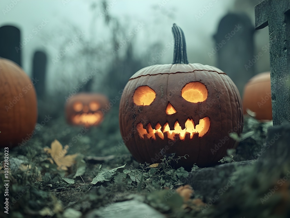 Poster elaborately carved pumpkins with unsettling otherworldly expressions illuminated from within positio