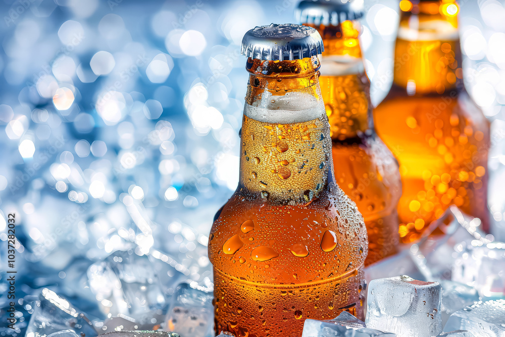 Aufkleber bottle of beer with a cap on top is sitting in a container of ice. the bottle is half full and the i
