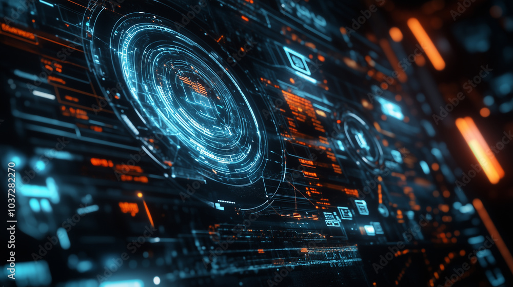 Poster abstract back ground futuristic digital interface-inspired background with floating icons and hologr