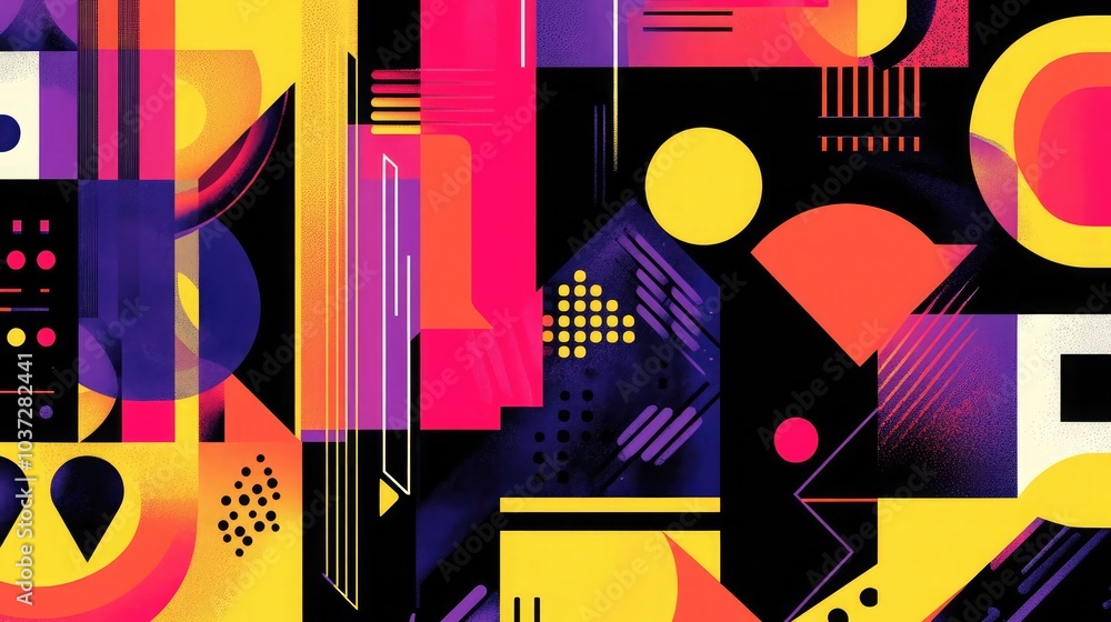 Poster abstract pattern of geometric shapes and bold colors, creating a vibrant and energetic background fo