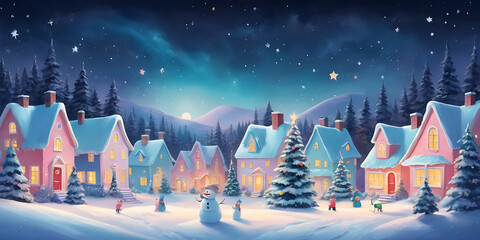Naklejka premium Whimsical cartoon Christmas Village Starry Night Room for Copy