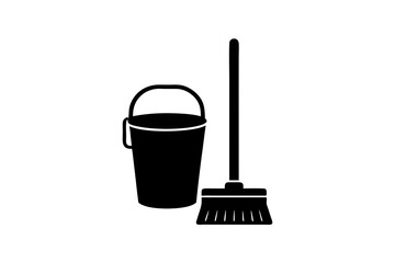 Cleaning mop and bucket silhouette vector.