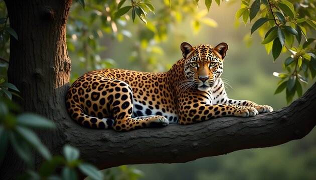 A serene scene of a leopard lounging on a high tree branch, its golden coat covered in black spots perfectly blending with the dappled sunlight filtering through the leaves.