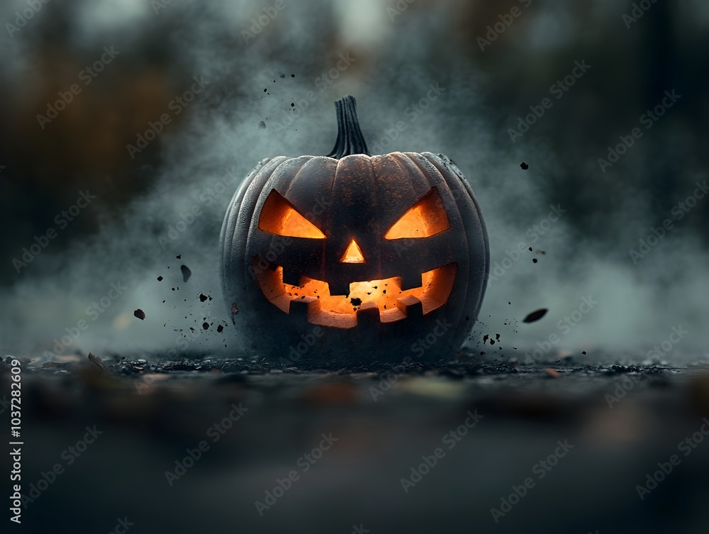 Poster twisted carved jack o lantern illuminated by an otherworldly glow casting an unsettling shadow on th