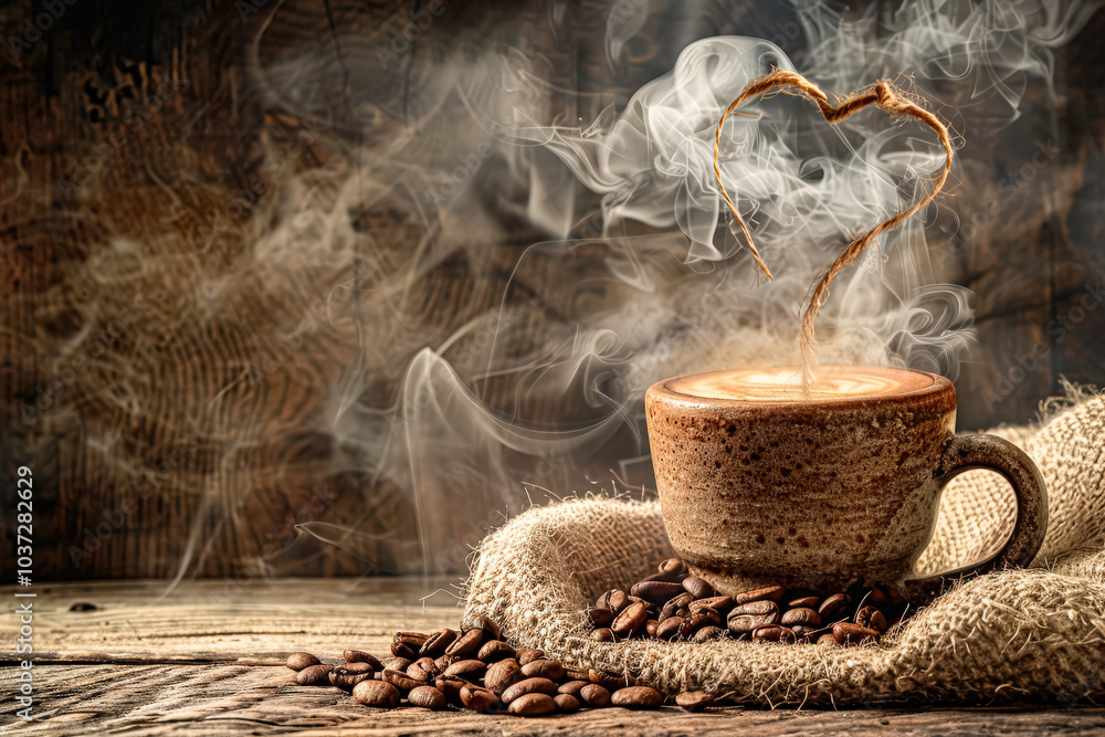 Poster coffee cup with a heart shape on top of it is sitting on a table with coffee grounds. the steam from