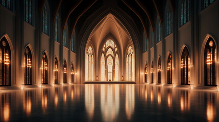 Obraz premium Empty grand cathedral with stained glass windows and an altar.