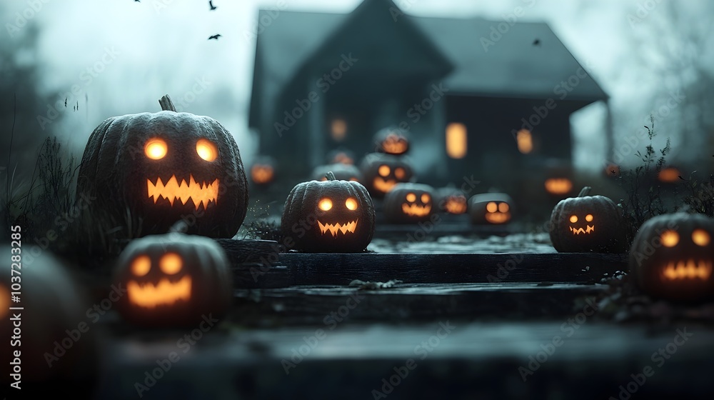 Poster carved jack o lanterns with glowing eyes and eerie expressions lining the steps of a haunted house c