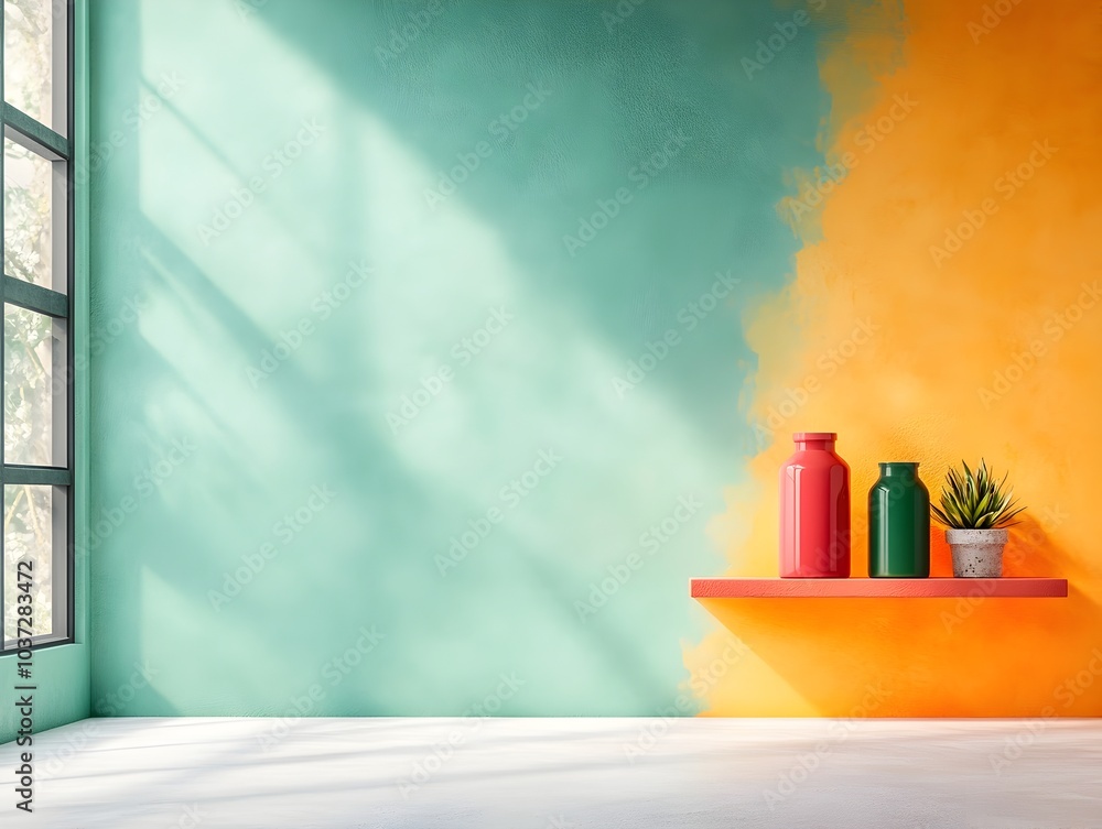 Poster radiant and vibrant 3d studio environment with a chromatic backdrop minimalist floor and wall dramat
