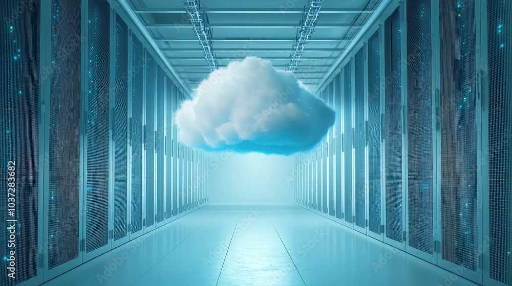 Poster blue cloud hovering in a server room, representing the shift to cloud technology and modern computin