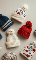 Various knit hats with pom poms.