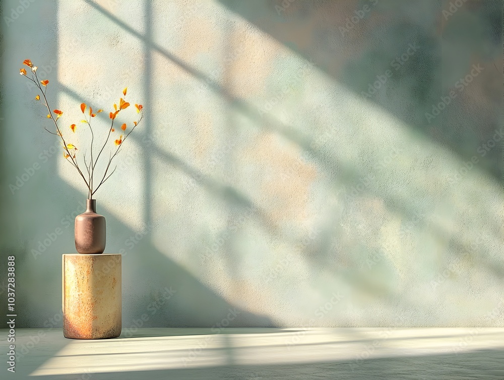 Poster radiant 3d studio scene featuring a sleek pedestal display against a simple backdrop with dynamic li