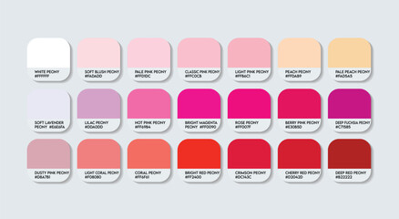 Peony Flower Color Palette, Peony Color Guide Palette with Color Names. Catalog Samples of red and pink with RGB HEX codes. paint, natural Peony variations, and a Fashion Trend Peony Flower color