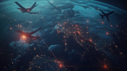 Aerial View of Airplanes Over Europe at Night