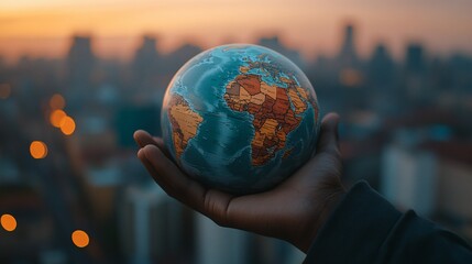 A Hand Holding a Globe Against a Blurred City Skyline at Sunset