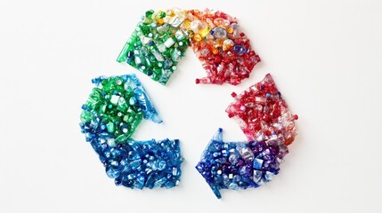 A creative recycle symbol made using crushed plastic bottles, set against a white background to promote recycling.