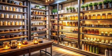 Fototapeta premium Low Light Photography of Neatly Arranged Shelves Showcasing Diverse Products for Attractive Display
