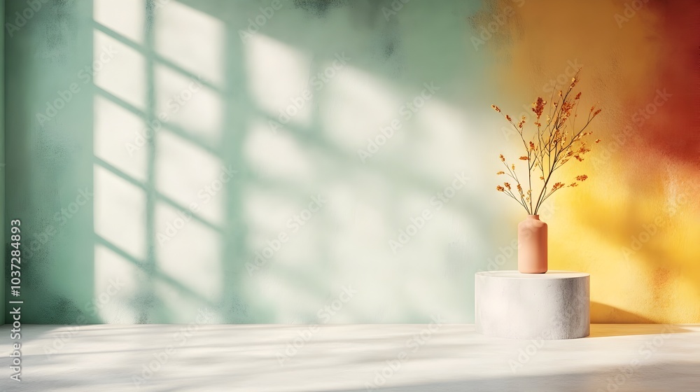 Poster radiant mockup showcasing a minimalist 3d studio environment with an eclectic color palette bare con