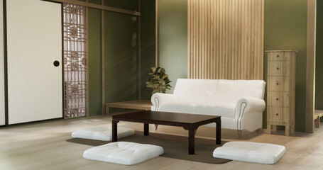 Green dark wall empty room, Modern japanese tatami mat floor, room japanese traditional style. 3D rendering