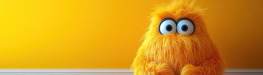 Fototapeta premium Cute fluffy cyclops monster, vibrant yellow background, playful expression, studio lighting