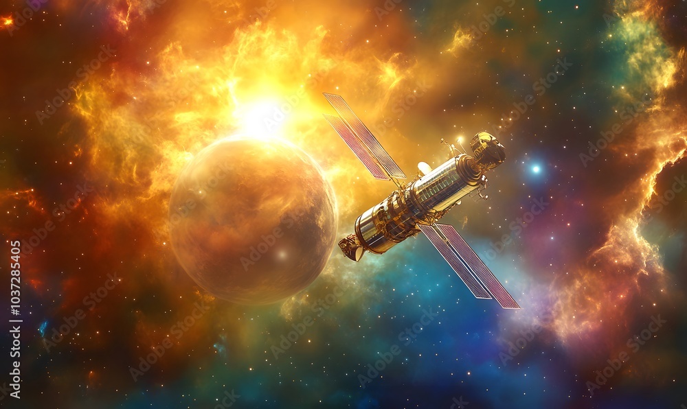 Aufkleber a vibrant space scene depicts a satellite exploring colorful nebulae and celestial bodies in the cos