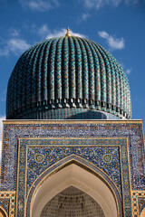 Detail of the portal and dome of the Gur Amir Mausoleum in Samarkand