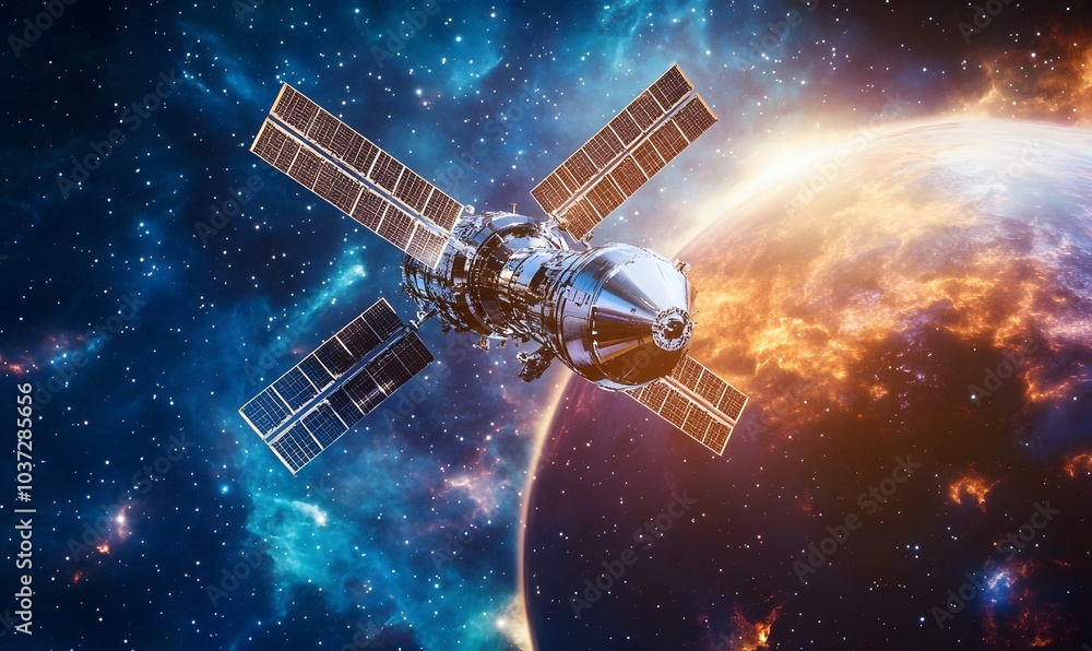 Poster a futuristic satellite orbits a colorful planet amid a starry galaxy, showcasing advanced technology