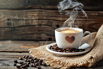 White coffee cup with a heart on it sits on a table with coffee beans and a blanket. The steam from the coffee cup creates a cozy and warm atmosphere