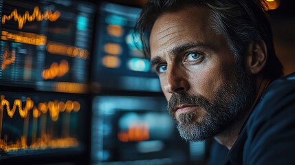 Intense focus on a trader studying complex financial data on multiple screens, dark room, ambient lighting