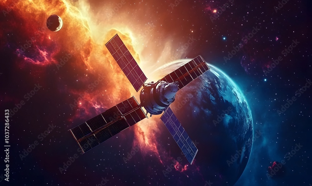 Poster a vibrant depiction of a satellite orbiting a colorful planet amidst a stunning cosmic background fi