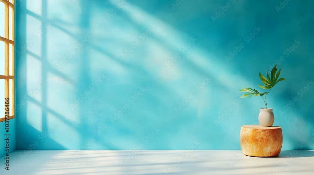 Poster minimalist 3d studio room with a cool blue toned background empty floor and wall featuring a product