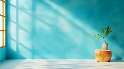 Minimalist 3D studio room with a cool blue toned background empty floor and wall featuring a product podium and a natural soft sunlight overlay from the window casting a shadow on the countertop