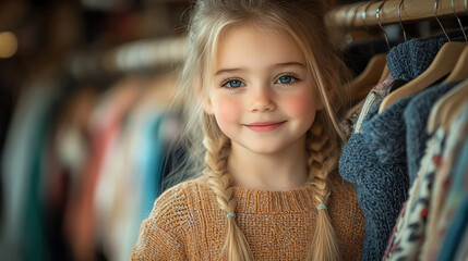 Obraz premium Little girl picking clothes from a rack, cute and innocent moment, childhood exploration