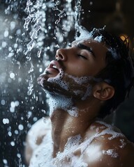 Obraz premium A macro detail satisfied young man in a luxury interior, foam on his shoulders, pouring water behind him, and realistic details.