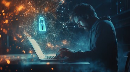 Focused Individual Working on Cybersecurity Concept