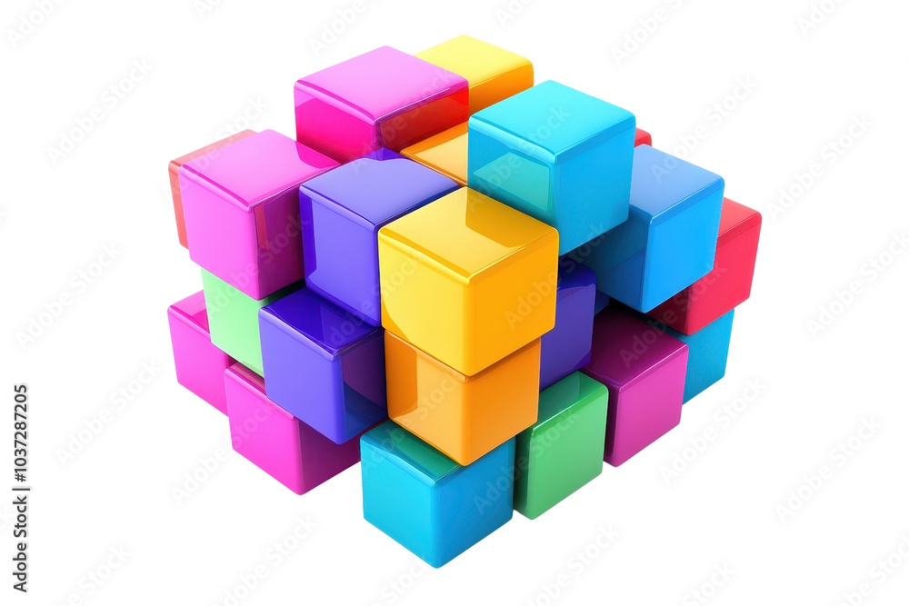 Poster colorful 3d cube composed of interlocking, glossy blocks in various vibrant hues, showcasing abstrac