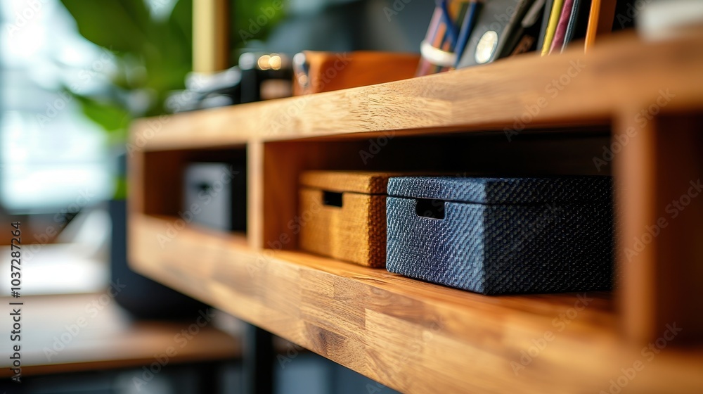 Poster a close-up view of a wooden shelf displaying decorative boxes and items, featuring a modern, minimal