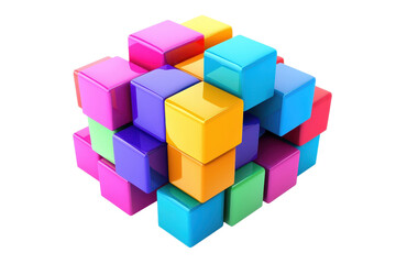 Colorful 3D cube composed of interlocking, glossy blocks in various vibrant hues, showcasing abstract geometric design and creative complexity.