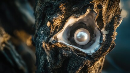 Obraz premium A detailed shot of a perfectly round pearl within a rugged oyster shell, a symbol of hidden beauty.