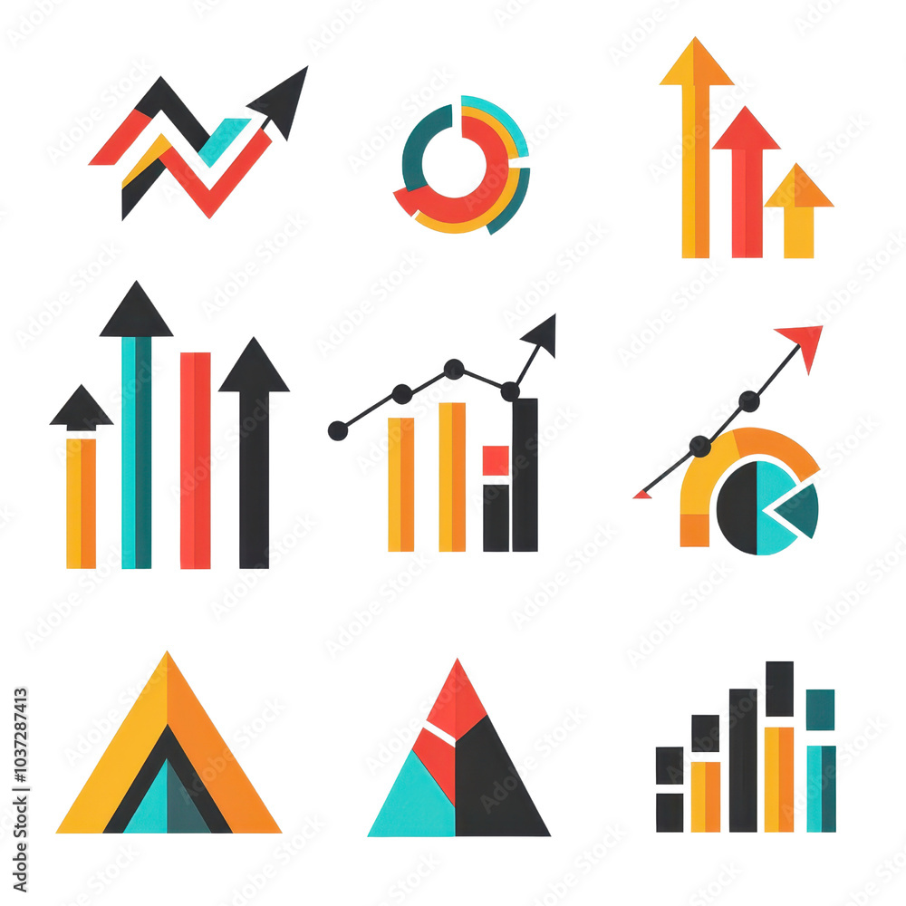 Poster colorful abstract geometric chart icons depicting various data analysis and growth concepts on a tra