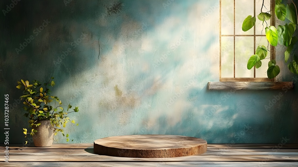 Poster rustic 3d studio room with wooden background empty floor and wall product podium and shadow overlay 
