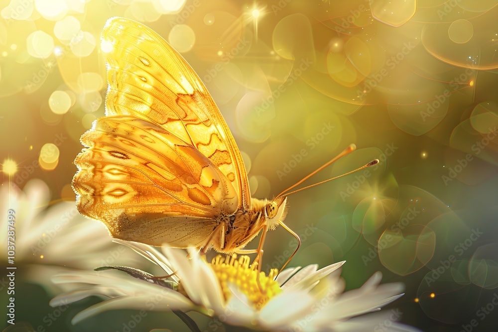 Poster Golden Butterfly on Flower with Soft Bokeh Effect
