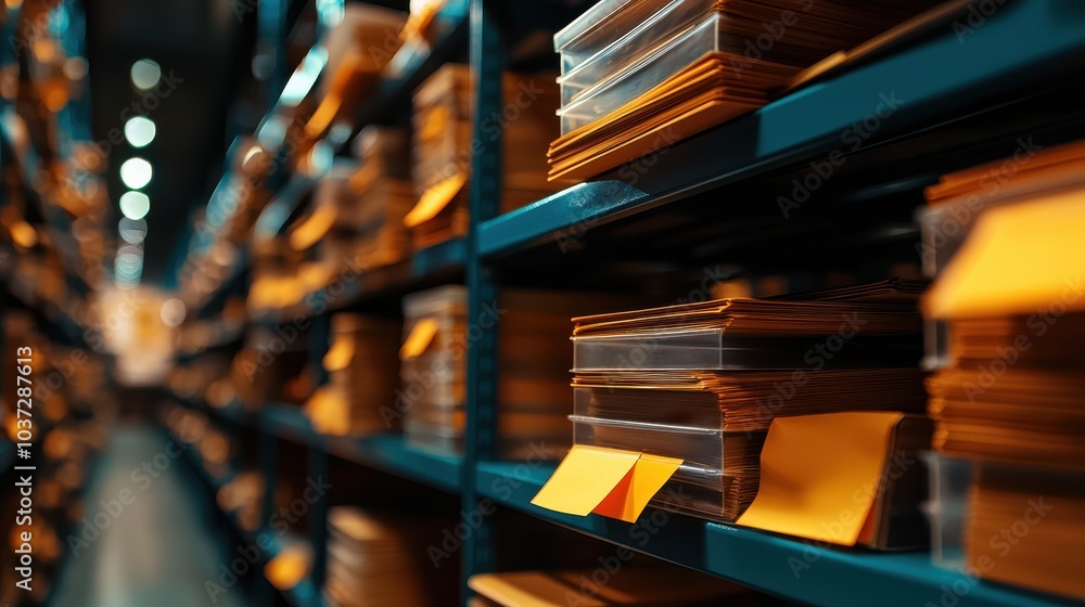 Poster a close-up view of organized folders on shelves in a storage area, showcasing a systemized approach 