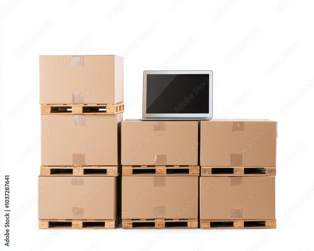 Poster a stack of cardboard boxes with a laptop on top, showcasing shipping and storage themes in a minimal