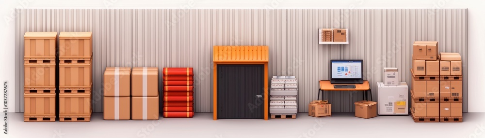 Poster a modern storage room featuring stacked boxes, a desk with a computer, and a door, organized for eff